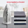 A split image showing a steam iron on the left and a stack of folded clothes on the right, with marketing text at the top. Produktbild-Vorschau