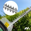 Close-up of a hedge trimmer blade with a magnified view showing 'Lasercut' text, and a noise level indicator. Podgląd zdjęcia produktu