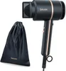 A black hairdryer with rose gold accents and a black drawstring bag are shown against a white background. Podgląd zdjęcia produktu