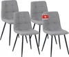 Four gray dining chairs with black legs are arranged in a group against a white background. One chair has a small red and white tag attached to its back. Produktbild-Vorschau