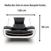 A sofa with dimensions indicated by arrows and text. Produktbild-Vorschau