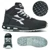 A collage of images showing a high-top safety shoe from different angles, including a close-up of the sole pattern. Produktbild-Vorschau