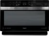 A front view of a black Whirlpool microwave oven with a silver trim above the door. Produktbild-Vorschau