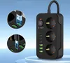 A black power strip with multiple outlets and USB ports is shown against a gradient blue and white background, with close-up insets demonstrating USB port usage. Anteprima dell’immagine prodotto