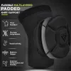 A black padded knee support with text and icons describing its features. Produktbild-Vorschau