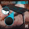 A gaming desk with carbon fiber texture and dimensions highlighted, surrounded by smoke effects. Produktbild-Vorschau