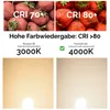 Comparison of light colors and CRI values, with images of strawberries and light samples. Produktbild-Vorschau