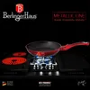 A red frying pan is placed on a stovetop with glowing electric burners and a gas burner. Náhled obrázku produktu