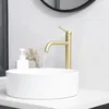 A close-up shot of a modern bathroom sink with a gold faucet. Anteprima dell’immagine prodotto