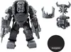 A grey plastic model kit of a Warhammer 40k Ork Meganob, with separate accessories and a base. Náhled obrázku produktu