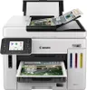 A Canon MAXIFY GX7140 printer is shown from the front, with a document in the scanner and a printed document emerging from the output tray. Produktbild-Vorschau