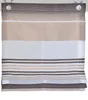 A Roman blind with horizontal stripes in various shades of brown, beige, and white, hanging from grommets. Produktbild-Vorschau