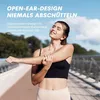 A woman is stretching outdoors on a bridge, with text overlays describing the product. Produktbild-Vorschau