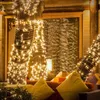 Trees wrapped in warm white LED string lights, with cushions and furniture in the foreground. Produktbild-Vorschau