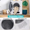 A collage showing a mini-dryer with its door open, a basket of laundry, and close-ups of its filters. A plant in a pot is also visible. Produktbild-Vorschau