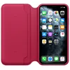 A pink leather flip case is open, revealing an iPhone 11 Pro Max with its screen displayed. Anteprima dell’immagine prodotto