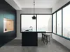 A modern kitchen with a large window overlooking a city skyline. Produktbild-Vorschau