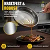 A hand pouring sauce from a stainless steel frying pan onto a steak dinner. Produktbild-Vorschau