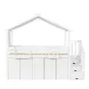 A white wooden loft bed with a house-shaped frame, integrated cabinets, drawers, and stairs, set against a white background. Anteprima dell’immagine prodotto