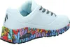 A side view of a white Skechers sneaker with a colorful, abstract pattern on the sole. Voir les images du produit