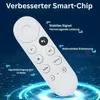 A white remote control is shown at an angle against a dark blue background with digital graphics. Produktbild-Vorschau