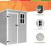 A marketing image of a gray resin shed with white trim, featuring text and icons highlighting its features. Produktbild-Vorschau