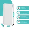 A white refrigerator with dimensions and feature callouts on a teal and white background. Produktbild-Vorschau