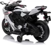 A white and black toy motorcycle, a Honda CBR 1000RR replica, is shown from a rear-side angle on a white background. It has training wheels attached. Anteprima dell’immagine prodotto