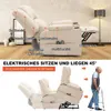 A cream-colored recliner chair is shown with various parts labeled in German, and a sequence of images demonstrating its use by an elderly man. Produktbild-Vorschau