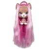 A styling head doll with long pink hair and a butterfly design on its chest. Podgląd zdjęcia produktu