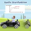 A child is riding in a black electric toy car, with a graph illustrating a "soft start" feature in the background. Produktbild-Vorschau
