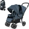 A blue double stroller is shown against a white background. A smaller image of the stroller folded is in the upper left corner. Podgląd zdjęcia produktu
