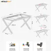 A diagram showing the dimensions and features of a table frame, with additional illustrations demonstrating its extendable functionality and construction details. Produktbild-Vorschau