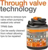 A product shot of tire sealant with descriptive text and icons. Produktbild-Vorschau