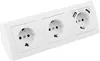 A white, three-socket power strip with integrated USB-A and USB-C ports, shown from a slightly angled front view against a white background. Produktbild-Vorschau