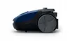 A side view of a blue and black vacuum cleaner on a white background. Produktbild-Vorschau