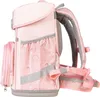 Side view of a pink backpack with a rainbow pattern. Voir les images du produit