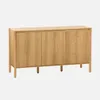 A wooden sideboard with three doors and legs, shown against a white background. Produktbild-Vorschau