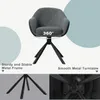 A dark gray swivel chair with a metal base, shown from multiple angles with feature callouts. Produktbild-Vorschau