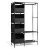 A black fabric wardrobe with a metal frame, featuring shelves and a hanging rod. Produktbild-Vorschau