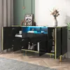 A modern black sideboard with gold accents and LED lighting is displayed in a room setting. Produktbild-Vorschau