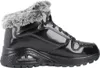 A side view of a black Skechers boot with gray fur trim. Voir les images du produit