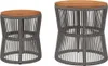 Two outdoor side tables with wooden tops and woven grey bases are shown against a white background. Náhled obrázku produktu