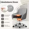 A close-up view of a gray office chair with diagrams and text highlighting its features. Produktbild-Vorschau