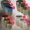 A collage of different ceramic planters in various sizes and colors, with size indicators. Produktbild-Vorschau