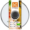 A glass pot lid with a handle, displayed with a marketing overlay showing brand logo and size options. Produktbild-Vorschau