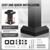 An illustration showing the steps for installing a handrail post, along with a collection of hardware and tools. Podgląd zdjęcia produktu