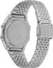 The back of a silver digital watch with a metal band. Produktbild-Vorschau