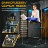 A woman is using a multi-functional power tower in a gym-like setting, with various measurements and text overlays highlighting features and dimensions. Produktbild-Vorschau