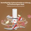 Close-up of a food chopper blade with ingredients like chili peppers and onions being chopped. Produktbild-Vorschau